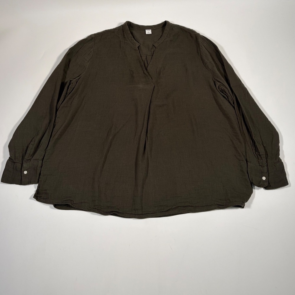 Old Navy Women L Dark Olive Green Gauze Blouse Split Neck Long Sleeve Boho Top - Picture 2 of 4